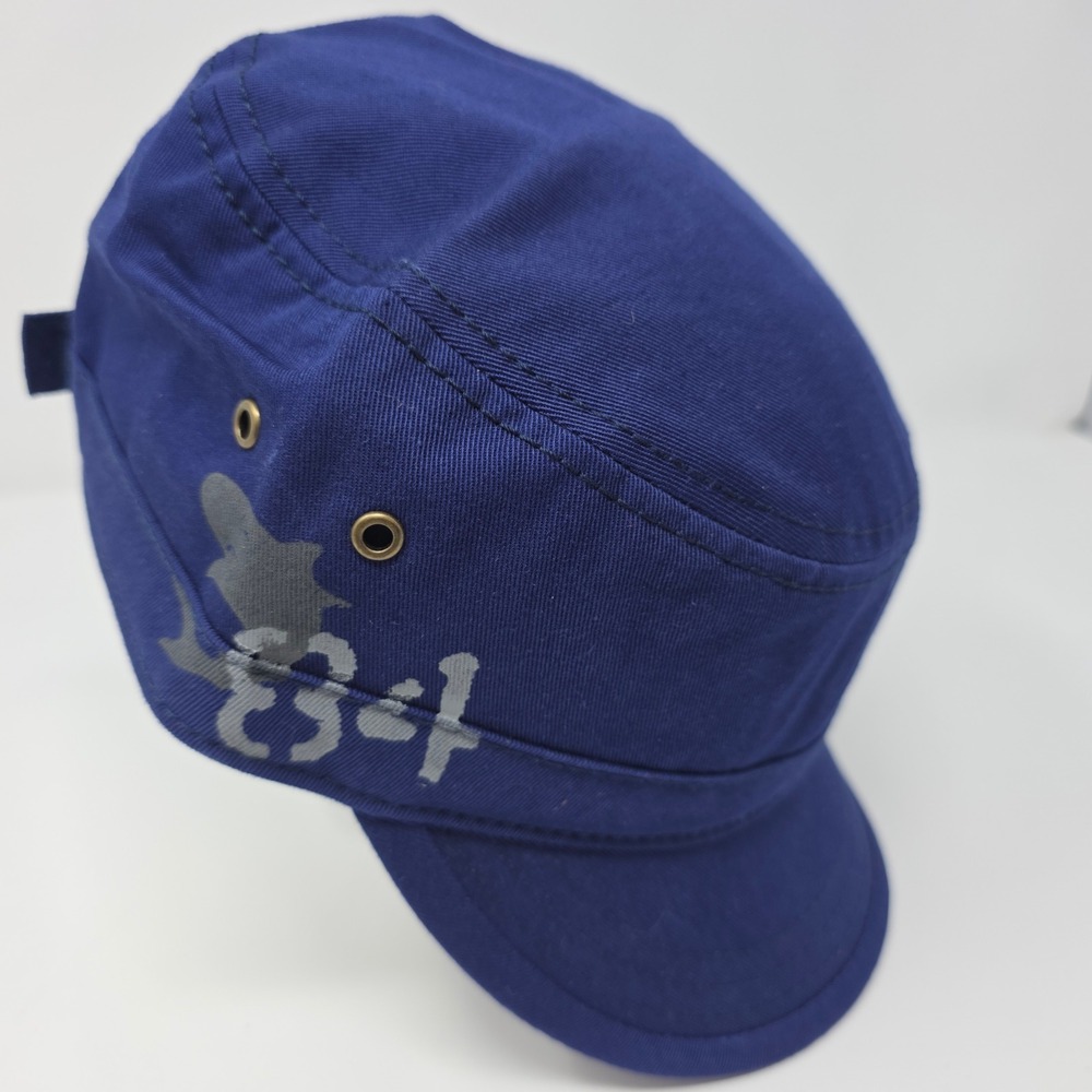 Blue Military Cadet Cap Adjustable Side Graphic Distressed Army Style Hat Twill
